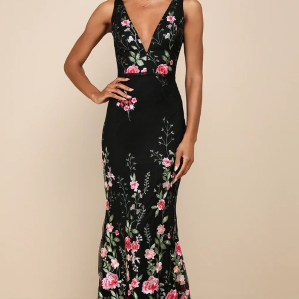 Soiree Blossom Black Floral Embroidered Mermaid Maxi Dress